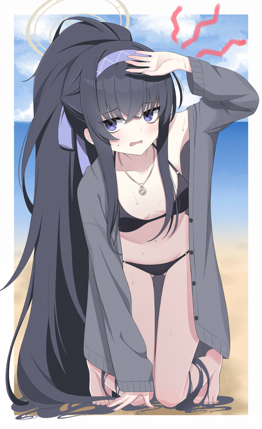 1girl absurdly_long_hair ass_visible_through_thighs beach bikini black_hair black_kimono blue_archive blue_eyes blue_sky blush border breasts commentary_request covering_head crossed_bangs facing_viewer grey_jacket halo hand_up headband highres jacket japanese_clothes jewelry kimono kneeling long_hair long_sleeves looking_ahead necklace o-ring o-ring_bikini ocean official_alternate_costume open_clothes open_jacket open_mouth outdoors ponytail purple_headband ruwo sky small_breasts solo swimsuit ui_(blue_archive) ui_(swimsuit)_(blue_archive) very_long_hair white_border