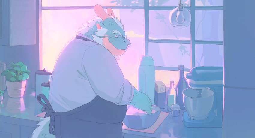 2023 absurd_res anthro apron clothing cooking detailed_background dragon eastern_dragon green_body hi_res huynhduyad14 inside kemono kitchen male overweight overweight_male shirt solo topwear