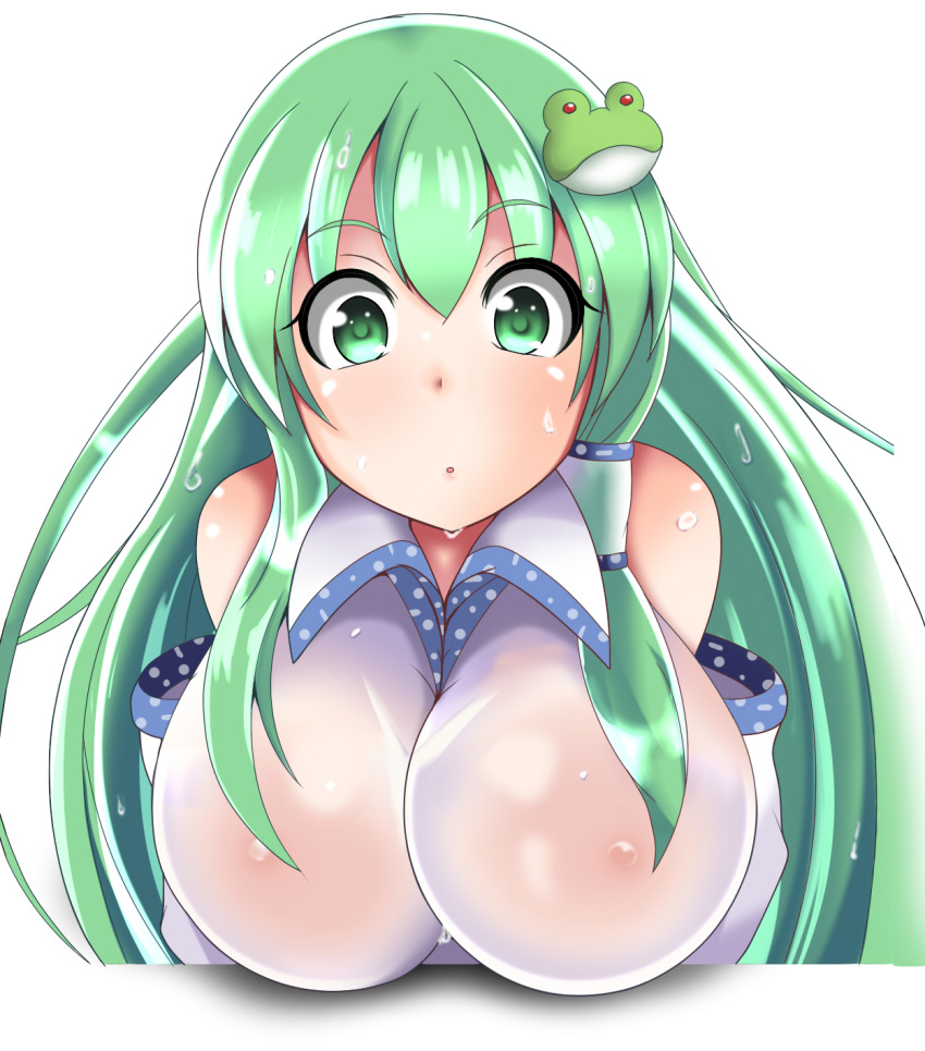 1girl :o bare_shoulders blush breasts commentary_request covered_nipples detached_sleeves frog_hair_ornament green_eyes green_hair hair_between_eyes hair_ornament hair_tubes highres kochiya_sanae large_breasts long_hair onaho_(otayoku) see-through solo sweat touhou upper_body very_long_hair wet wing_collar
