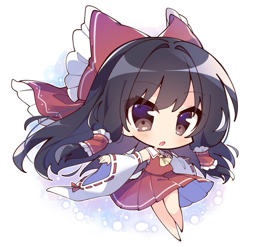 1girl bare_legs bare_shoulders black_hair brown_eyes chibi detached_sleeves full_body hair_tubes hakurei_reimu highres long_hair looking_at_viewer misosiru_0224 open_mouth red_skirt red_vest simple_background skirt skirt_set solo touhou very_long_hair vest white_background wide_sleeves