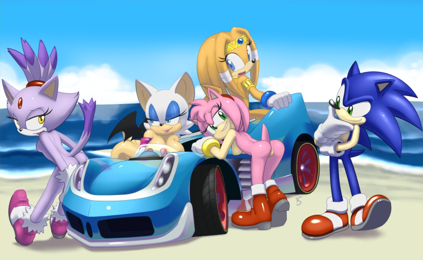 1boy 4girls amy_rose animal_ears animal_nose armlet artist_name ass back bat_ears bat_girl bat_wings beach bent_over black_wings blaze_the_cat blue_eyes blue_eyeshadow blue_fur blue_gemstone blue_hair blue_sky body_fur breasts car cat_ears cat_girl cat_tail circlet closed_mouth cloud colored_tips commentary day elbow_gloves english_commentary eyeshadow forehead_jewel from_behind full_body fur-trimmed_footwear fur-trimmed_gloves fur_trim gem gloves gold green_eyes grin hair_tie hairband half-closed_eyes hand_on_own_chin happy heel_up horizon jewelry large_breasts leaning_forward leaning_on_object legs lipstick long_hair looking_at_another looking_back looking_down makeup motor_vehicle multicolored_hair multiple_girls neck_ring nude ocean open_mouth orange_fur orange_hair outdoors pink_fur pink_hair pink_lips presenting purple_footwear purple_fur purple_hair pussy red_footwear red_gemstone red_hairband rockthebull rouge_the_bat shoes short_hair sidelocks sideways_mouth signature sitting sky small_breasts smile socks sonic_(series) sonic_the_hedgehog spiked_hair sports_car standing stroking_own_chin tail tail_raised team_sonic_racing teeth thighs tikal_the_echidna toes_up topknot two-tone_fur two-tone_hair uncensored white_fur white_gloves white_hair white_socks wings yellow_eyes