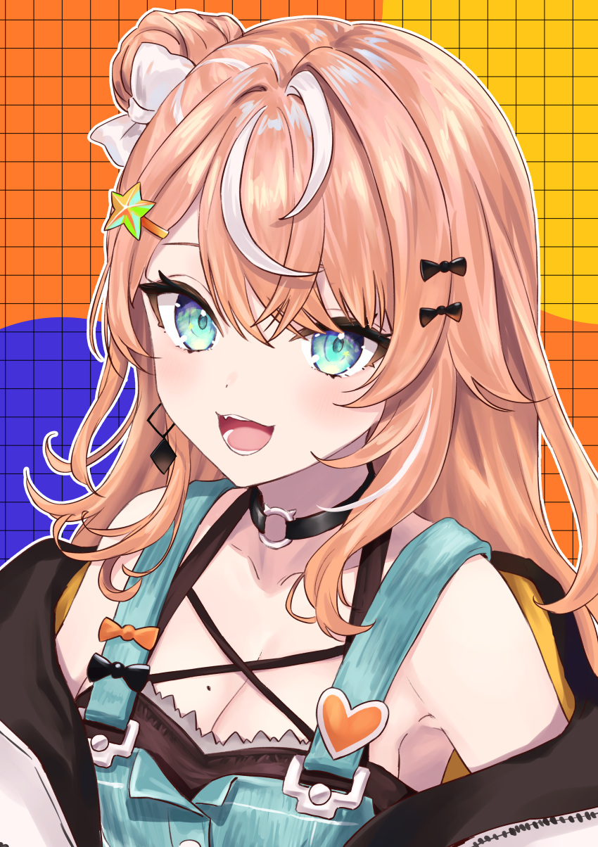 1girl absurdres black_choker blue_eyes bow breasts choker g9_(jiiku) hair_bow hair_bun hair_ornament hairclip highres igarashi_rika jacket long_hair looking_at_viewer multicolored_hair nijisanji orange_hair smile solo star_(symbol) star_hair_ornament streaked_hair virtual_youtuber white_hair