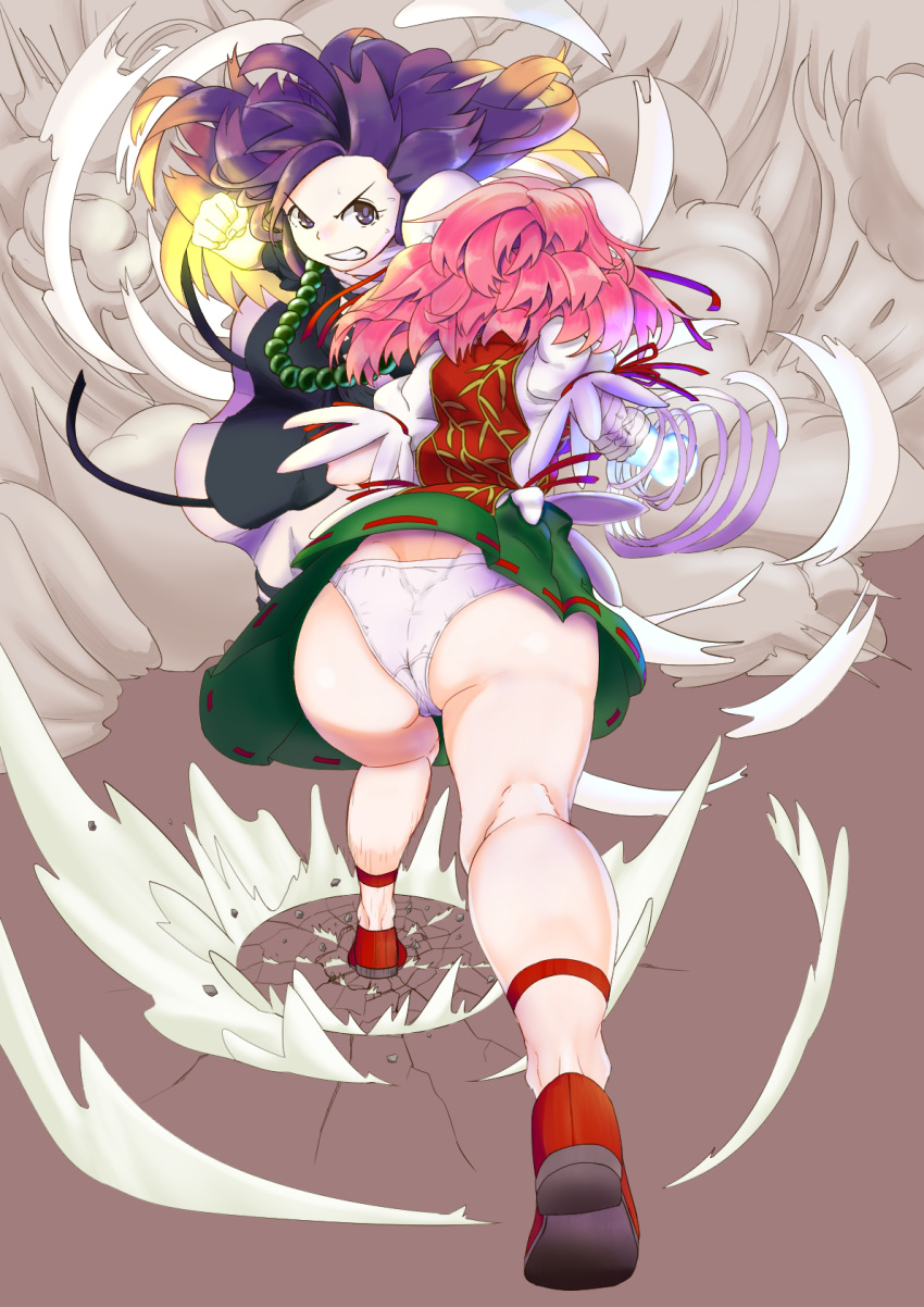 2girls ass bandages battle bead_necklace beads black_dress blonde_hair chinese_clothes clenched_hand clenched_teeth clothes_lift commentary_request crack cracked_floor double_bun dress facing_away floating_hair fog full_body glaring green_skirt hair_bun highres hijiri_byakuren ibaraki_kasen jewelry miniskirt multicolored_hair multiple_girls necklace panties pink_hair prayer_beads purple_eyes purple_hair skirt skirt_lift stray56 teeth thighs touhou two-tone_hair underwear white_panties wind wind_lift