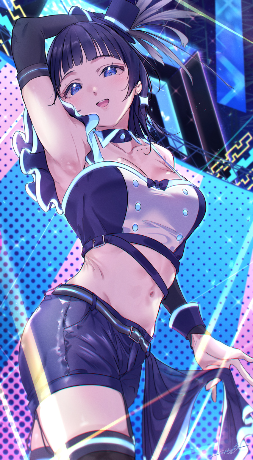 1girl absurdres arm_up armpits artist_name asaka_karin belt belt_buckle black_thighhighs blue_belt blue_bow blue_camisole blue_eyes blue_hair blue_headwear blue_shirt blunt_bangs blurry blurry_background bow breasts buckle buttons camisole collarbone commentary cowboy_shot crop_top depth_of_field detached_collar detached_sleeves earrings from_below grey_belt hand_on_own_head hat hat_feather highres jewelry kuziaaizuk light_blush light_particles long_sleeves looking_at_viewer looking_down love_live! love_live!_nijigasaki_high_school_idol_club medium_breasts medium_hair midriff mini_hat navel open_mouth pocket shirt single_bare_shoulder smile solo sparkle_earrings stage standing stomach strap_gap teeth thighhighs tilted_headwear top_hat upper_teeth_only vivid_world_(love_live!) wrist_cuffs