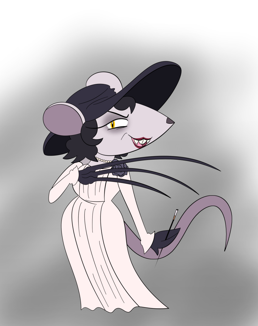 absurd_res alcina_dimitrescu alternate_species anthro capcom cigarette_holder claws clothing fangs female gown hat headgear headwear hi_res mammal mature_female mouse murid murine partlysmith resident_evil rodent solo teeth