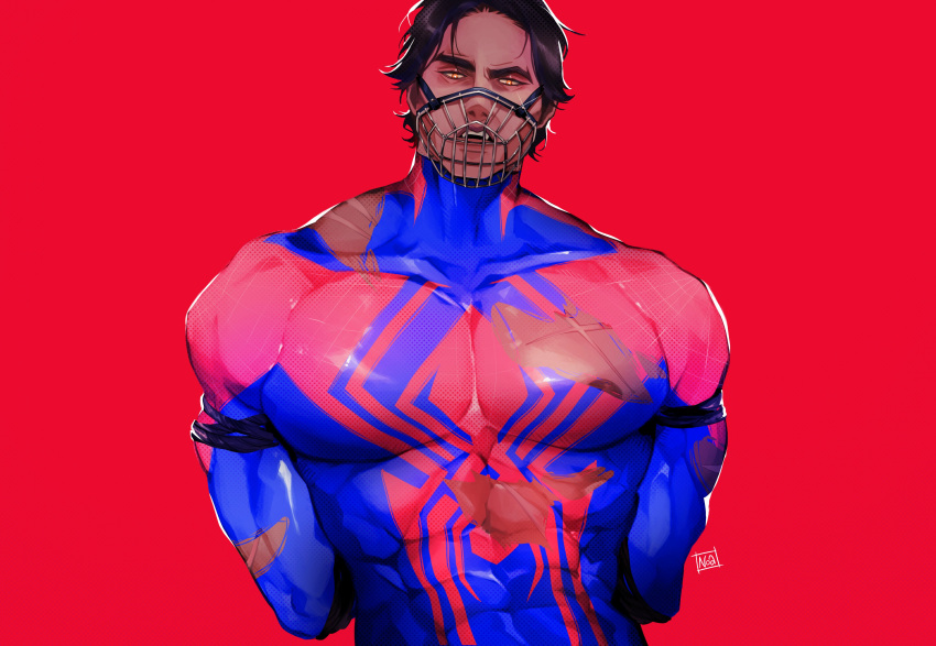 1boy absurdres arms_behind_back bara black_hair blue_bodysuit bodysuit bound bound_arms bound_wrists highres large_pectorals male_focus marvel miguel_o'hara muscular muscular_male muzzle nipples noasauruss pectorals red_background red_bodysuit short_hair simple_background solo spider-man:_across_the_spider-verse spider-man:_into_the_spider-verse spider-man_(2099) spider-man_(series) torn_bodysuit torn_clothes two-tone_bodysuit upper_body