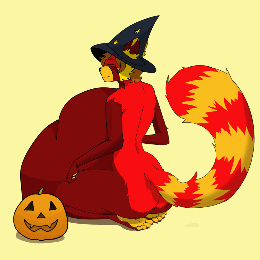 2d_animation animated anthro anthro_pred belly blinking butt clothing digital_media_(artwork) food fruit hair halloween hat headgear headwear hi_res holidays jack-o'-lantern looking_at_viewer male nude paws plant pumpkin short_playtime simple_background smile tail vivvanne vore widescreen