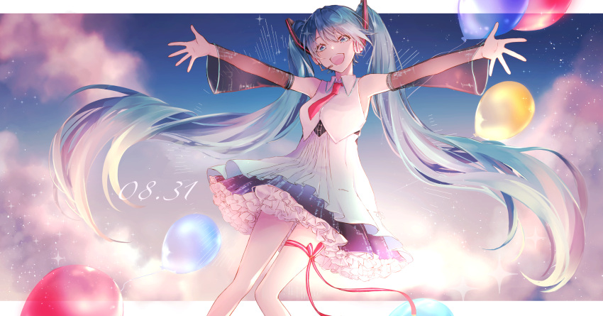 1girl absurdres alternate_costume aqua_eyes aqua_hair balloon bare_shoulders blue_eyes blue_hair dated detached_sleeves dress frilled_dress frills hair_ornament hatsune_miku headphones highres long_hair looking_at_viewer necktie open_mouth outstretched_arms ribbon ritsu_0o shirt sky smile solo star_(sky) starry_sky twintails very_long_hair vocaloid