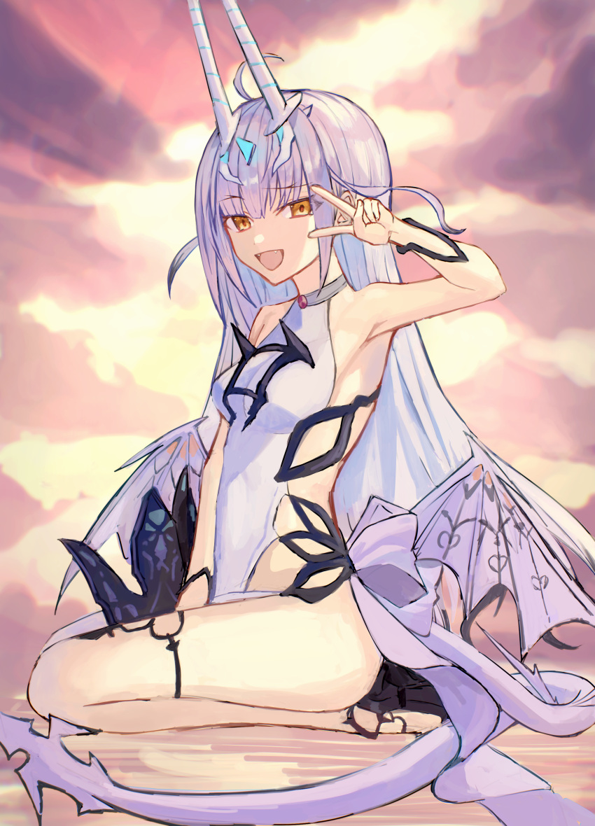 1girl absurdres armpits bare_shoulders beach breasts cloud cloudy_sky dragon_tail dragon_wings fate/grand_order fate_(series) forked_eyebrows gradient_sky highres horns long_hair looking_at_viewer melusine_(fate) melusine_(swimsuit_ruler)_(fate) one-piece_swimsuit open_mouth orange_sky sandals seiza sidelocks sitting sky small_breasts smile solo sunset swimsuit tail tamago999q thighlet thighs twilight v white_hair white_one-piece_swimsuit wings yellow_eyes