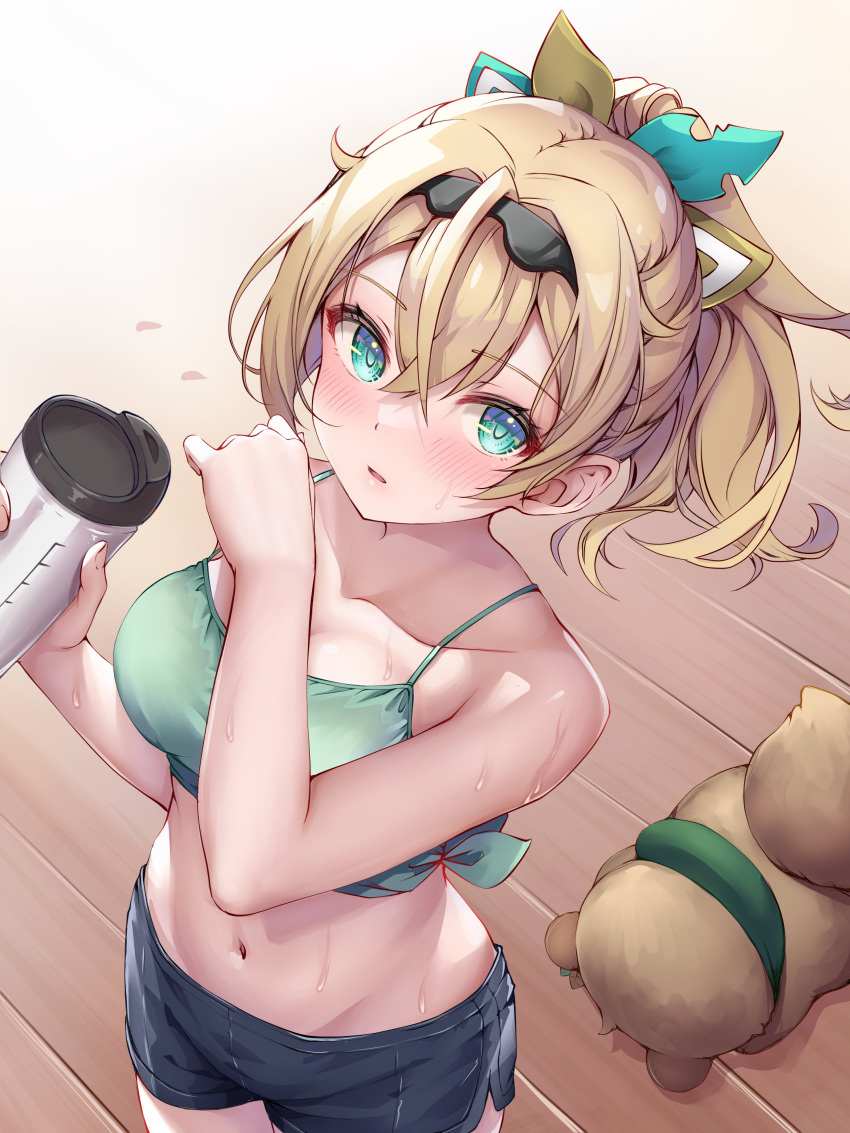 1girl absurdres aqua_eyes black_hairband blonde_hair blue_shorts blush bottle bow breasts camisole commentary_request double-parted_bangs fuwawa_abyssgard_(dog) green_camisole groin hair_between_eyes hair_bow hairband highres holding holding_bottle hololive hot ist_lei_mikan kazama_iroha long_hair looking_at_viewer lowleg lowleg_shorts medium_breasts midriff navel parted_lips pokobee ponytail shorts side_slit side_slit_shorts solo spaghetti_strap sweat very_sweaty virtual_youtuber wide_ponytail wooden_floor