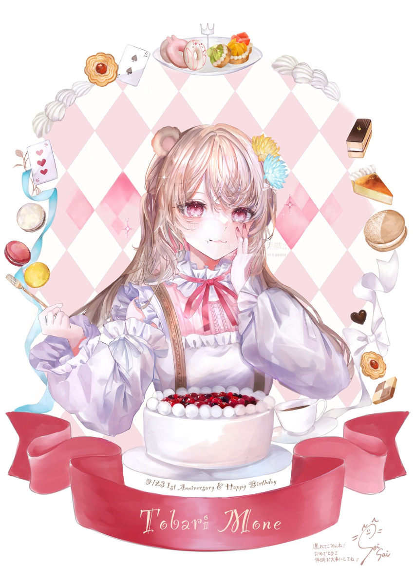 1girl animal_ears bear_ears blonde_hair cake character_name clothing_cutout commentary food fork hand_on_own_cheek hand_on_own_face happy_birthday highres holding holding_fork indie_virtual_youtuber long_hair macaron pink_eyes red_nails seisaiminty shoulder_cutout solo swept_bangs symbol-only_commentary tobari_mone