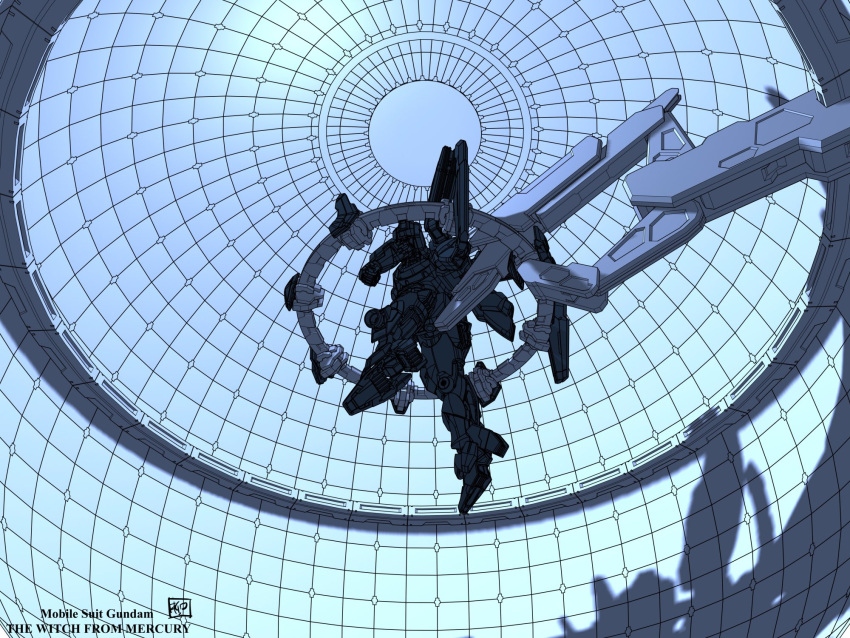 clenched_hands copyright_name floating from_behind from_below gundam gundam_aerial_rebuild gundam_suisei_no_majo highres holding indoors mecha mobile_suit monochrome no_humans official_art production_art robot science_fiction shadow sky solo watermark yanase_takayuki