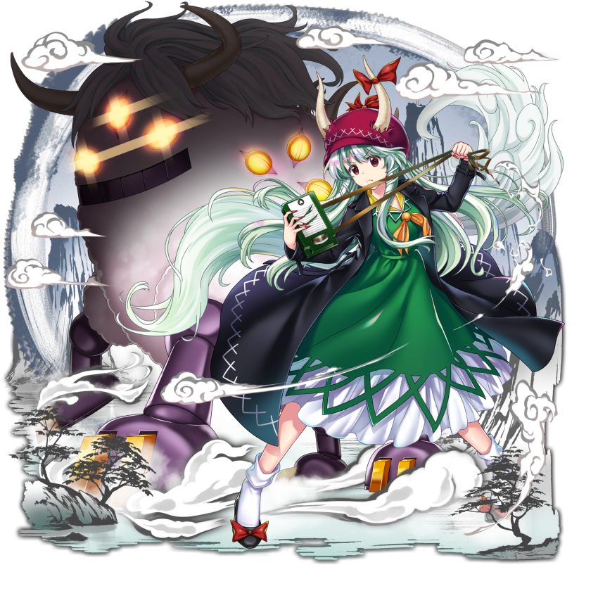 1girl black_coat black_footwear bow coat dress ex-keine fingernails full_body green_dress green_hair highres holding horn_bow horn_ornament horns kamishirasawa_keine long_fingernails long_hair nail_polish non-web_source official_art open_clothes open_coat red_bow red_eyes red_nails rotte_(1109) sharp_fingernails shoes sidelocks socks solo touhou touhou_lost_word transparent_background white_socks