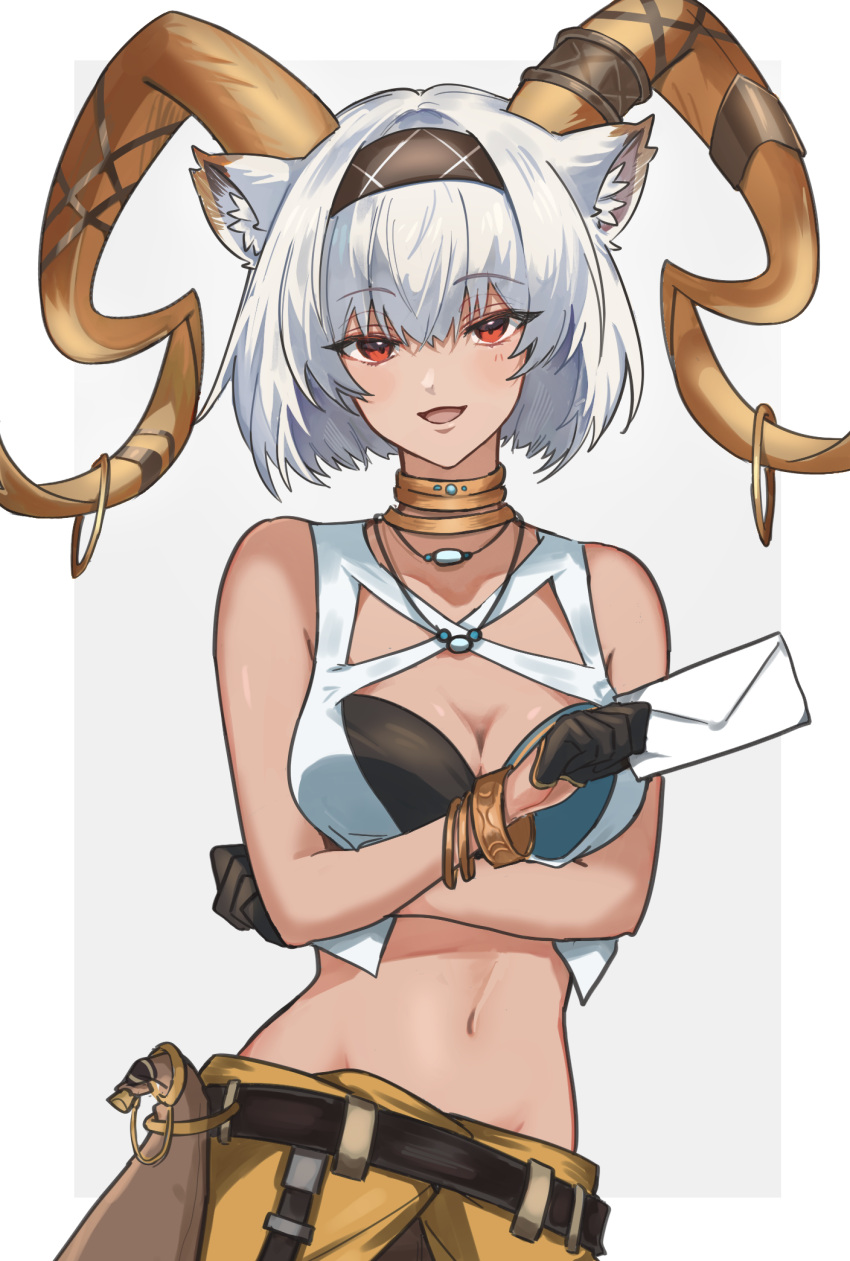 1girl :d animal_ears arknights belt black_belt black_gloves black_hairband bracelet carnelian_(arknights) commentary_request dark_skin gloves hairband highres holding holding_letter horns jewelry letter looking_at_viewer mabing midriff navel neck_ring open_mouth red_eyes short_hair smile solo stomach upper_body white_hair