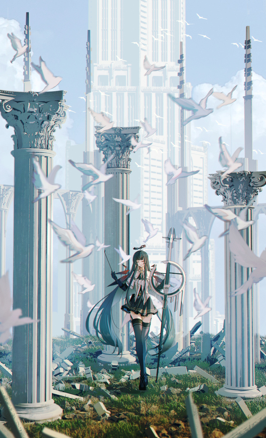 1girl absurdres arknights ascot bird black_ascot black_gloves black_hair black_skirt black_thighhighs closed_eyes collared_shirt detached_wings dove elbow_gloves energy_wings facing_viewer gloves grass haku_(muc12b) halo highres holding_bow_(music) long_hair outdoors pillar ruins scenery shirt short_sleeves skirt smile solo standing thighhighs tower very_long_hair virtuosa_(arknights) white_shirt wide_shot wings