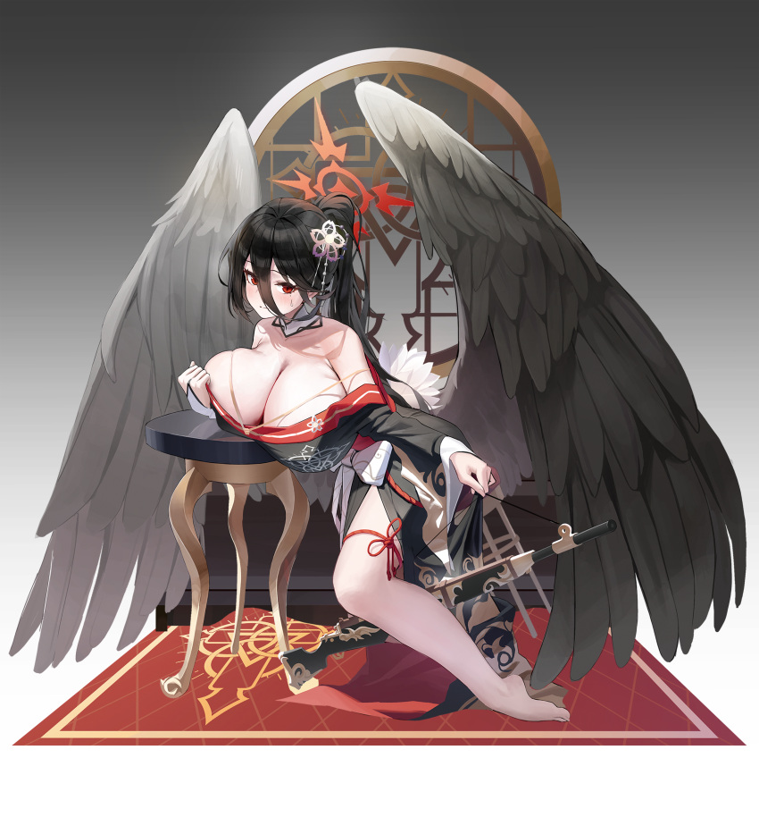 1girl absurdres alternate_costume barefoot black_hair black_kimono black_wings blue_archive blush breasts cleavage closed_mouth feathered_wings full_body gun hasumi_(blue_archive) highres japanese_clothes kimono large_breasts long_hair mole mole_under_eye red_eyes solo very_long_hair weapon wings yarn_(yarn_03)