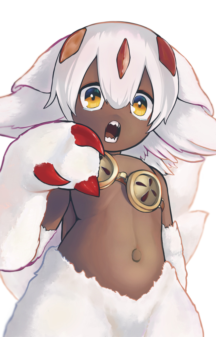 1girl absurdres animal_ears body_fur evermind faputa hair_between_eyes highres looking_at_viewer made_in_abyss multiple_tails non-web_source open_mouth orange_eyes self-upload simple_background solo tail upper_body white_background white_fur yellow_eyes