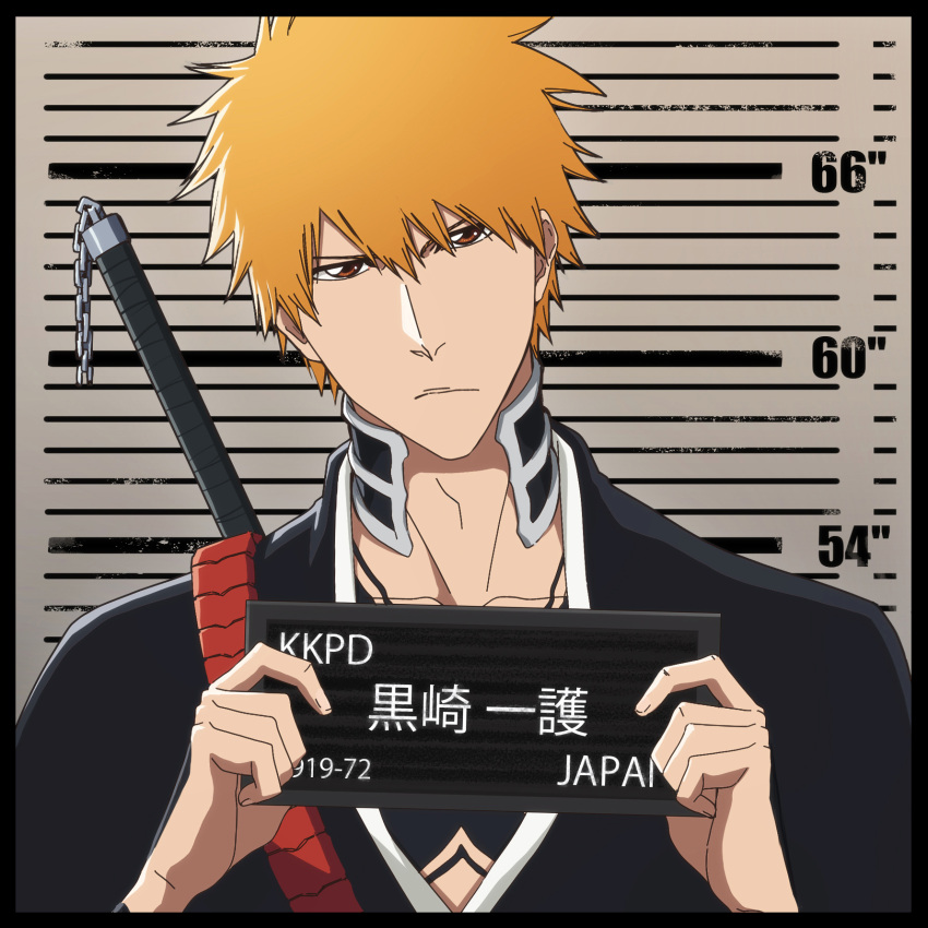 1boy barbie_mugshot_(meme) black_kimono bleach bleach:_the_thousand-year_blood_war card character_name chest_tattoo closed_mouth english_commentary hair_between_eyes height_chart height_mark highres holding holding_card holding_sign japanese_clothes kimono kurosaki_ichigo looking_at_viewer male_focus meme mugshot orange_hair rozuberry shinigami sign spiked_hair sword sword_on_back tattoo upper_body weapon weapon_on_back zanpakutou