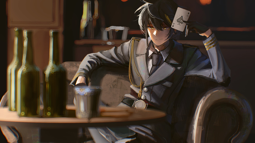 ace_of_spades ace_windhover bird black_hair falcon formal highres indie_virtual_youtuber kusami_toka_naku_au male_focus military military_uniform non-web_source peregrine_falcon smug spade_(shape) suit uniform virtual_youtuber yellow_eyes