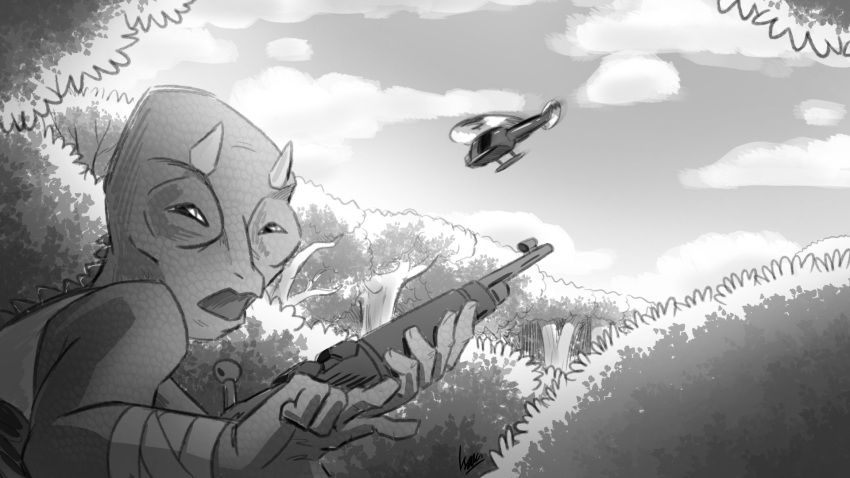 16:9 aircraft anthro bandage bandaged_arm black_and_white chameleon clothed clothing cloud digital_media_(artwork) flying forest giving_orders greyscale guerilla gun hand_sign helicopter hi_res holding_gun holding_object holding_weapon horn jungle lizard looking_at_viewer low-angle_view male metrosaurus monochrome mosin-nagant plant ranged_weapon reptile rifle scalie scenery shrub sign sketch sky sneaking sniper sniper_rifle solo spikes tree vehicle vietcong vietnam vietnam_war vietnamese war weapon widescreen worm's-eye_view