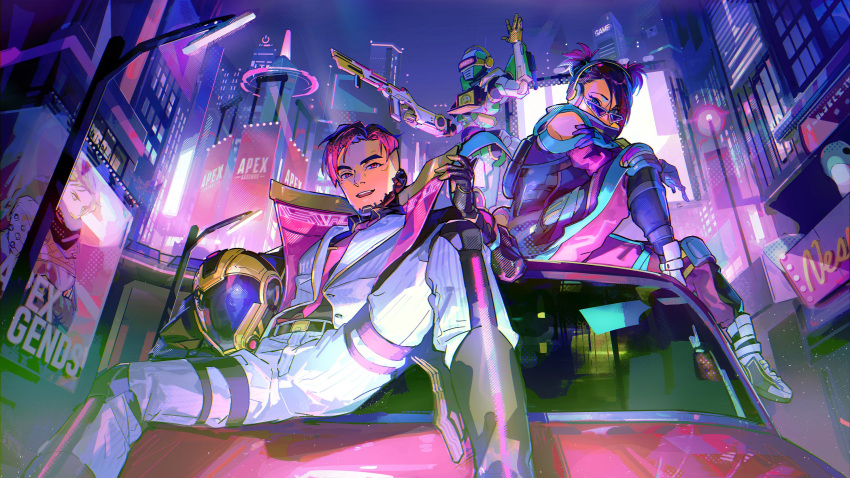 1girl 2boys animification apex_legends assault_visor belt black_belt black_gloves black_jacket black_shirt car catalyst_(apex_legends) city collared_shirt copyright_name crypto_(apex_legends) g7_scout gloves headphones headwear_removed helmet helmet_removed highres humanoid_robot jacket motor_vehicle multicolored_hair multiple_boys necktie nessie_(respawn) official_alternate_costume on_vehicle open_hand pants pathfinder_(apex_legends) pink_eyes pink_necktie pink_pants purple_hair purple_jacket robot shirt shoes short_twintails sitting smile sneakers spread_legs streaked_hair sunglasses surround_sound_pathfinder technocrat_crypto technowitch_catalyst thundergotch twintails white_footwear white_jacket white_pants wraith_(apex_legends)