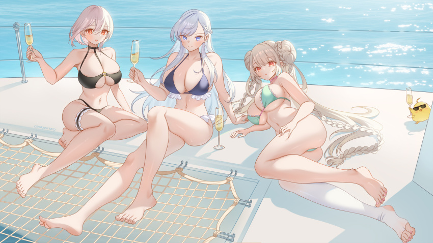 3girls alcohol alternate_costume aqua_bikini ass azur_lane belfast_(azur_lane) bikini black_bikini braid braided_bun breasts champagne choker cleavage closed_mouth criss-cross_halter cup day double_bun drinking_glass formidable_(azur_lane) formidable_(the_lady_of_the_beach)_(azur_lane) full_body grey_hair hair_between_eyes hair_bun halterneck highres holding holding_cup huge_breasts large_breasts long_hair looking_at_viewer lying manjuu_(azur_lane) multi-strapped_bikini multiple_girls navel net o-ring o-ring_bikini o-ring_top official_alternate_costume on_side outdoors pink_choker pool poolside purple_bikini purple_eyes red_eyes short_hair single_thighhigh sirius_(azur_lane) sirius_(scorching-hot_seirios)_(azur_lane) sitting string_bikini sunglasses swimsuit thighhighs twin_braids twintails very_long_hair water white_hair white_thighhighs zzo_(chorizzzzo)