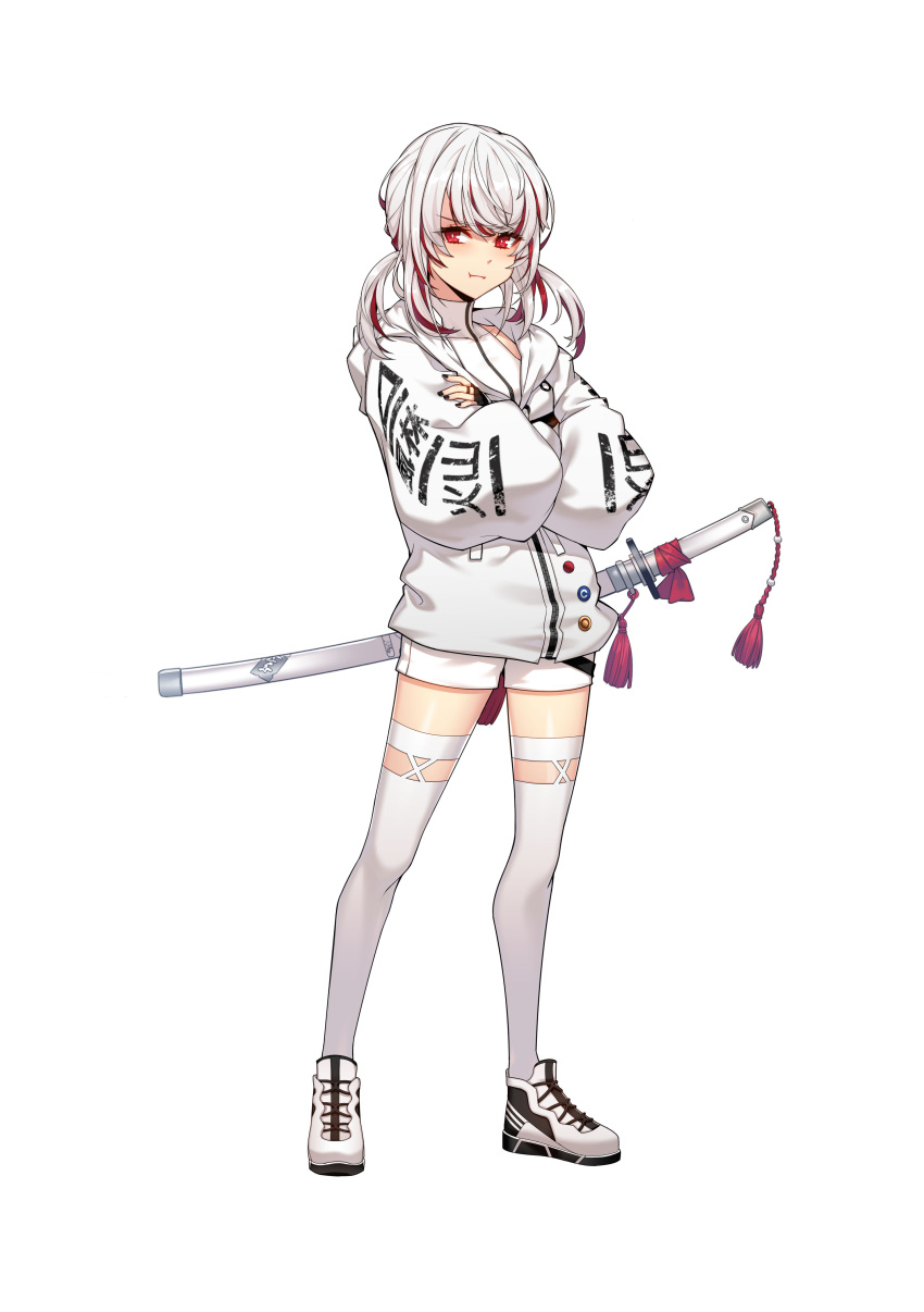 1girl :t absurdres alternate_hair_color angry black_gloves black_nails closers clothes_writing crossed_arms fingerless_gloves full_body gloves highres hood hood_down hooded_jacket jacket katana legs_apart long_sleeves looking_at_viewer low_twintails medium_hair multicolored_hair official_art puffy_long_sleeves puffy_sleeves red_eyes red_hair seth_(closers) sheath sheathed shirt shoes short_shorts shorts sidelocks sneakers solo standing streaked_hair sword tachi-e tassel thighhighs twintails v-shaped_eyebrows weapon white_background white_footwear white_hair white_jacket white_shirt white_shorts white_thighhighs