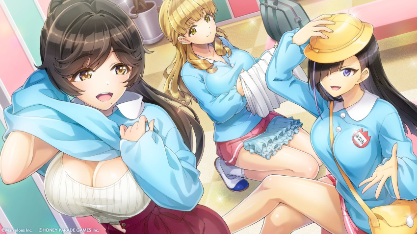 3girls ayato_utae black_hair blunt_bangs breasts cleavage_cutout clothing_cutout dolphin_wave drill_hair drill_sidelocks hair_over_one_eye hat highres kindergarten_uniform kneeling kurose_minami large_breasts light_brown_hair long_hair mole mole_under_eye mole_under_mouth multiple_girls official_art ootomo_takuji orange_hair pleated_skirt ponytail purple_eyes school_hat sidelocks skirt socks white_socks yabame_yume