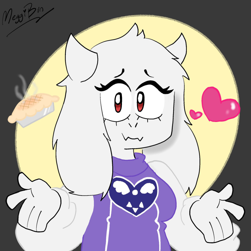 &lt;3 1:1 2023 anthro big_ears biped bovid breasts caprine clothing dessert eyelashes female food fur goat hi_res horn long_ears looking_at_viewer mammal meggiebun monster multicolored_clothing pie purple_clothing red_eyes signature solo topwear toriel two_tone_clothing undertale_(series) white_body white_clothing white_ears white_fur white_horn