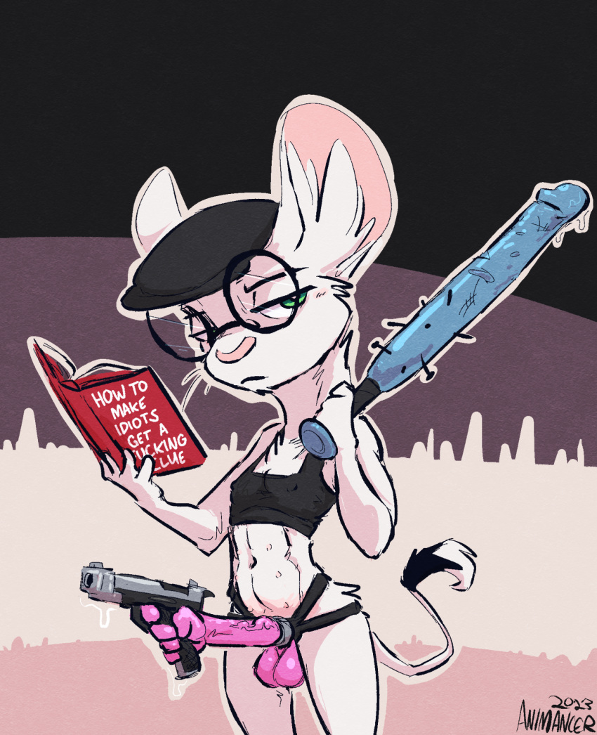 animancer bat belly_nipples book clothing crop_top dildo dipodid eyewear female glasses gun hat headgear headwear hi_res jerboa luck_(animancer) mammal nails nipples ranged_weapon resting_bitch_face rodent sex_toy shirt strapon topwear weapon