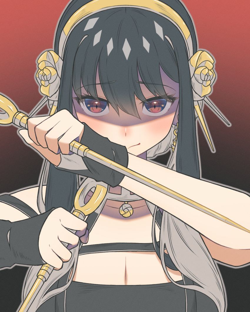 1girl arms_up black_background black_gloves black_hair blush breasts cleavage close-up closed_mouth commentary_request earrings eyelashes eyes_visible_through_hair fighting_stance fingerless_gloves flower gloves grey_background hair_between_eyes hair_flower hair_ornament hairband hands_up highres holding holding_weapon jewelry large_breasts looking_at_viewer nose_blush red_background red_eyes rose shaded_face short_hair_with_long_locks sidelocks simple_background smile solo spy_x_family straight-on taku_hanamiyap upturned_eyes weapon yellow_flower yellow_hairband yellow_rose yor_briar