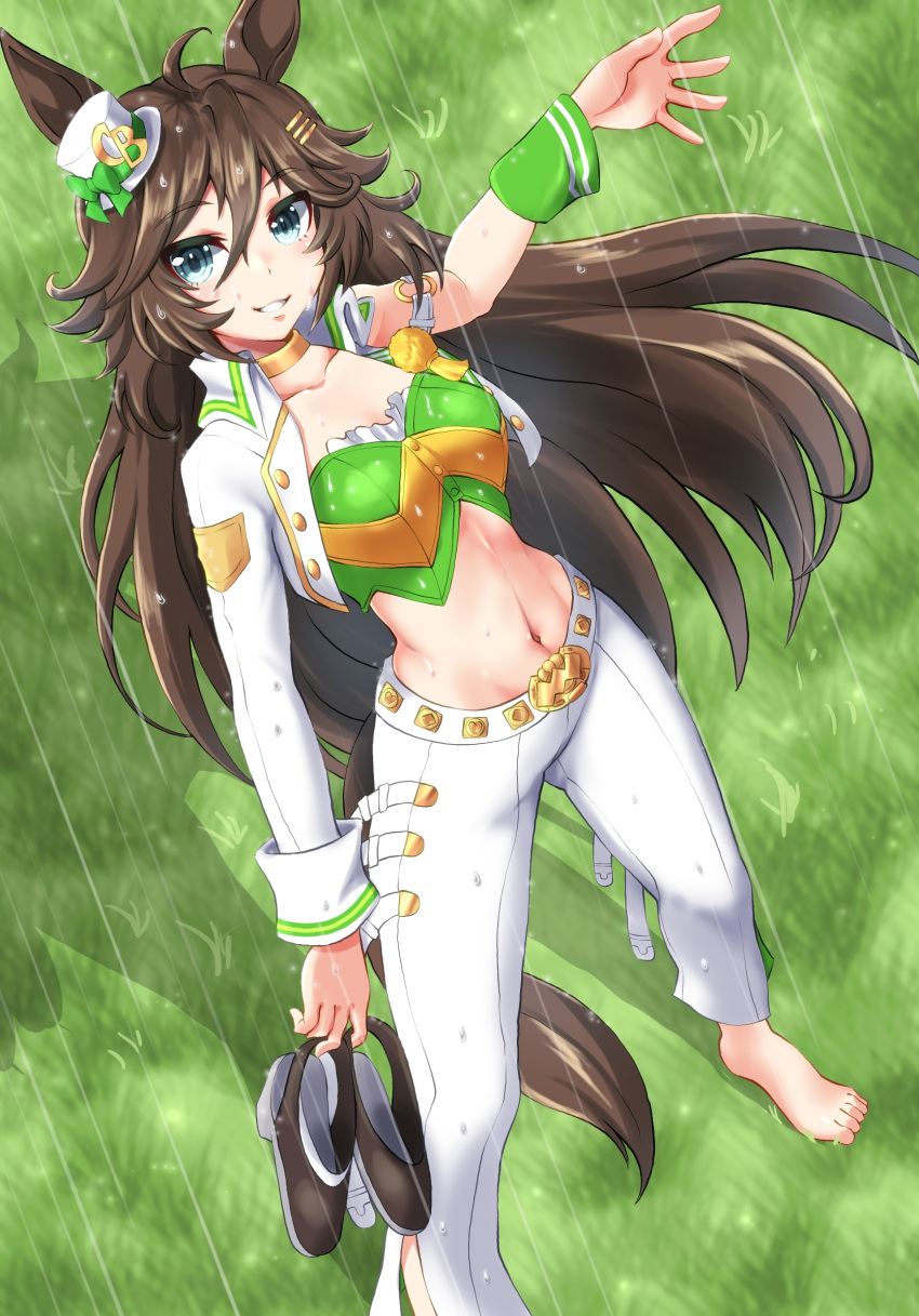 1girl animal_ears arm_strap bangs barefoot blue_eyes blue_sky bow breasts brown_hair choker cloud commentary crop_top cropped_jacket day foot_out_of_frame green_bow green_shirt hair_between_eyes hat hat_bow highres horse_ears horse_girl horse_tail jacket long_hair long_sleeves looking_at_viewer medium_breasts midriff mini_hat mini_top_hat mr._c.b._(umamusume) musan_(mu34mi) navel open_clothes open_jacket outdoors pants shirt shoes shoes_removed single_sleeve sky smile solo standing stomach strapless strapless_shirt tail top_hat umamusume very_long_hair white_headwear white_jacket white_pants yellow_choker