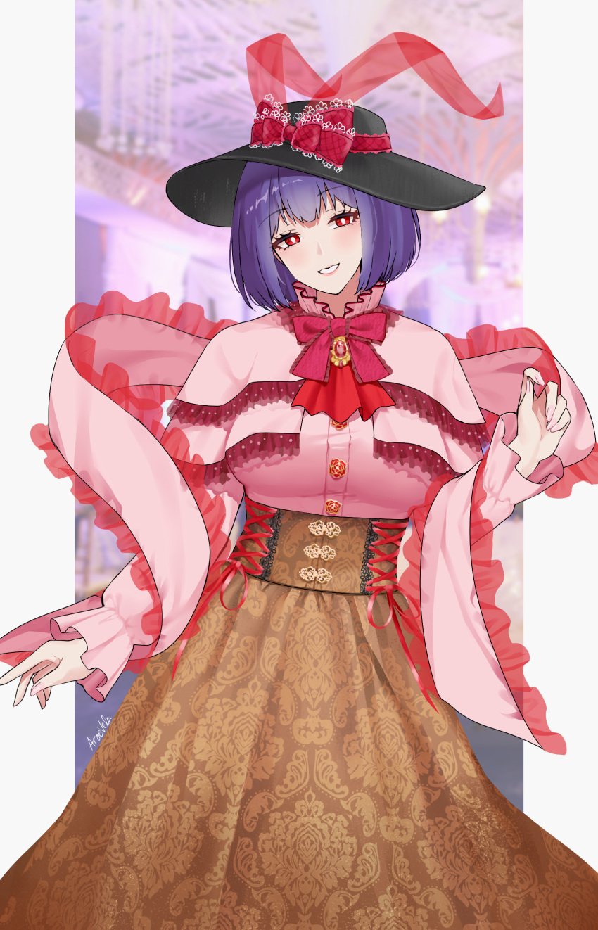 1girl absurdres adapted_costume aroevela black_headwear blurry blurry_background bow bowtie breasts bright_pupils brown_skirt capelet commentary cross-laced_clothes frilled_capelet frilled_shawl frills hat hat_bow highres long_sleeves looking_at_viewer nagae_iku parted_lips purple_hair red_bow red_bowtie red_eyes shawl short_hair signature skirt smile solo symbol-only_commentary touhou white_pupils