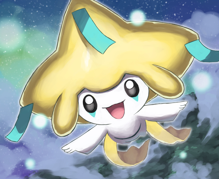 :d above_clouds blurry blurry_background bright_pupils cloud commentary_request flying grey_eyes happy highres jira_(ziraiya26) jirachi looking_at_viewer night no_humans open_mouth outdoors outstretched_arms pokemon pokemon_(creature) sky smile solo tongue white_pupils