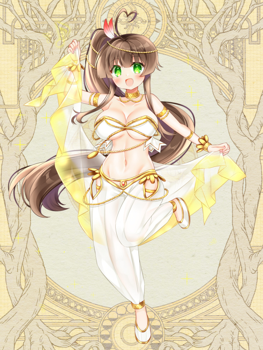 1girl :d ahoge arm_up bangs bare_shoulders blush breasts brown_hair cleavage feather_hair_ornament feathers full_body green_eyes groin hair_ornament harem_outfit harem_pants heart heart_ahoge highres holding kerberos_blade large_breasts long_hair looking_at_viewer navel pants puffy_pants red_feathers see-through shikito shoes side_ponytail smile solo standing standing_on_one_leg very_long_hair white_footwear