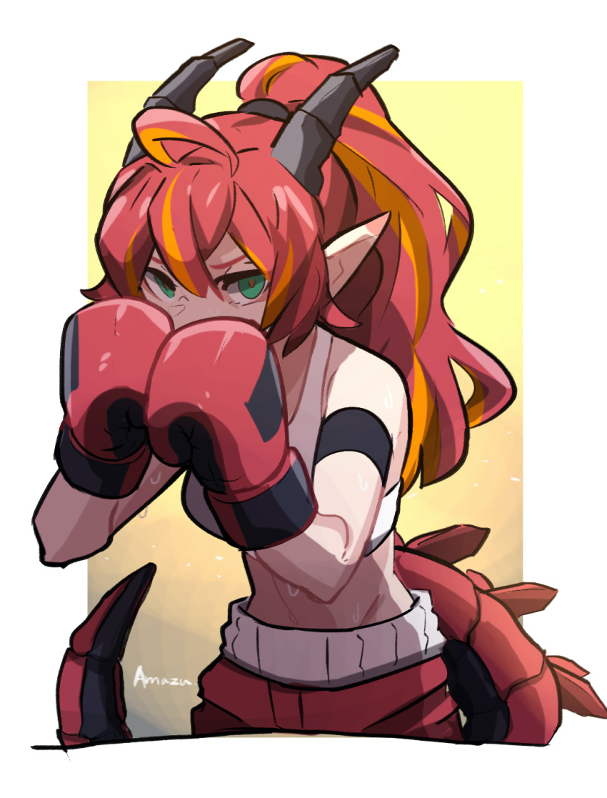 1girl amazu_(kurozu) bare_shoulders blonde_hair boxing_gloves breasts covered_mouth dragon_girl dragon_horns dragon_tail eyebrows_hidden_by_hair green_eyes hair_between_eyes hands_up highres horns long_hair looking_at_viewer mari_(amazu) medium_breasts multicolored_hair original pointy_ears ponytail red_hair red_shorts shorts signature solo streaked_hair tail white_background