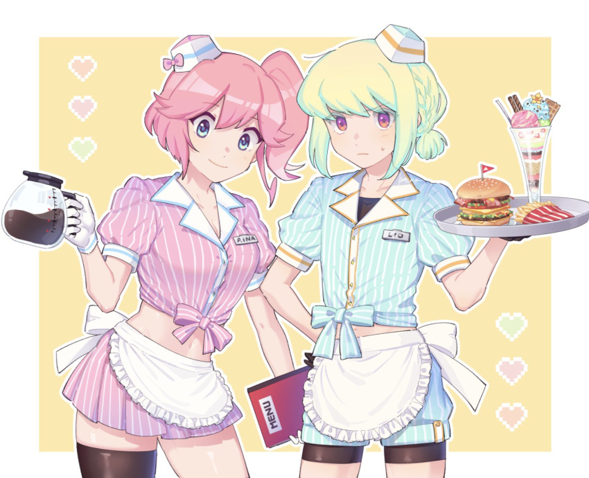 1boy 1girl aina_ardebit alternate_costume alternate_hairstyle apron bike_shorts bike_shorts_under_shorts black_thighhighs blue_eyes blue_shirt blue_shorts border breasts burger character_name coffee_pot food french_fries green_hair heart highres holding holding_tray ice_cream kome_1022 large_breasts light_blush lio_fotia low_ponytail maid_apron matching_outfits menu menu_board midriff name_tag otoko_no_ko pink_hair pink_shirt pink_skirt ponytail promare puffy_shorts purple_eyes shirt short_hair shorts side_ponytail single_thighhigh skirt striped sundae sweatdrop thighhighs tied_shirt tray vertical_stripes waiter waitress white_border white_headwear yellow_background