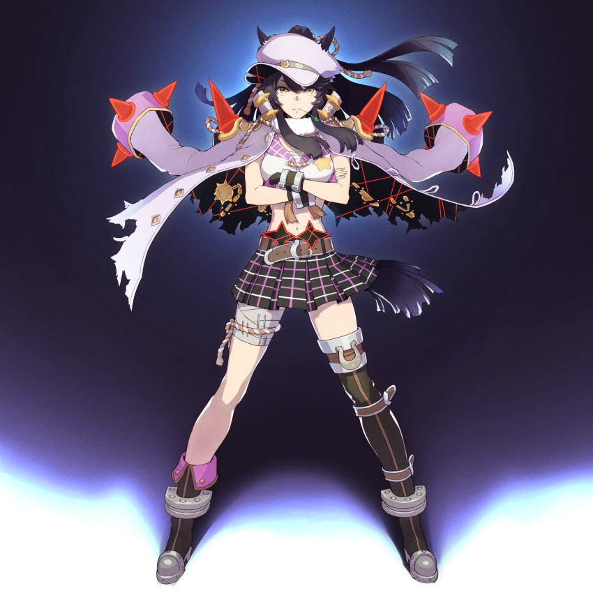1girl animal_ears asymmetrical_footwear bandaged_leg bandages belt black_footwear black_hair black_skirt boots breasts chest_sarashi closed_mouth coat coat_on_shoulders crop_top crossed_arms cuffs ears_through_headwear fingerless_gloves full_body gloves gunbuster_pose hat high_collar highres horse_ears horse_girl horse_tail kill_la_kill long_hair looking_at_viewer midriff miniskirt mouth_hold narita_brian_(umamusume) navel peaked_cap plaid plaid_skirt ponytail rope sarashi shimenawa single_thigh_boot skirt small_breasts solo stalk_in_mouth tail tenkey2022 thigh_boots umamusume uneven_footwear white_coat yellow_eyes