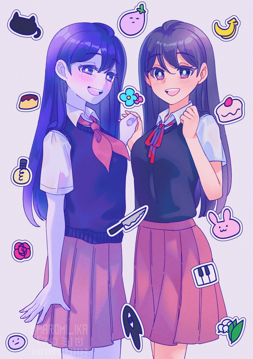 2girls artist_name black_eyes black_hair black_sweater blush bright_pupils collared_shirt colored_skin dual_persona highres looking_at_viewer mari_(omori) maromichan multiple_girls omori open_mouth pleated_skirt purple_eyes purple_hair red_skirt shirt short_sleeves skirt smile sweater teeth twitter_username upper_teeth_only white_pupils white_shirt white_skin