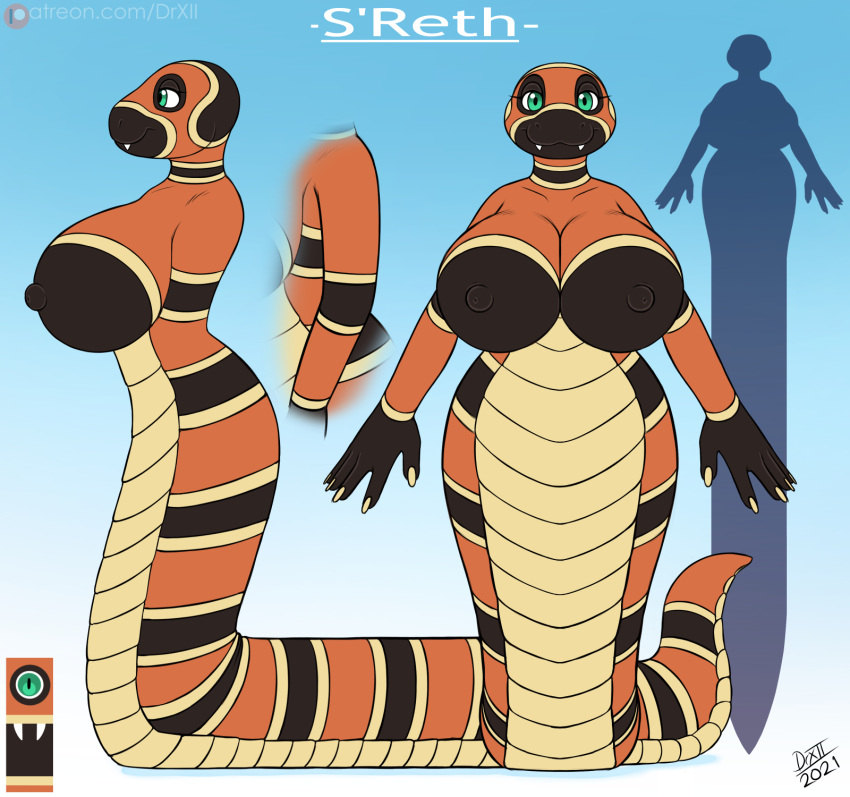 anthro apode big_breasts breasts coral_snake digital_media_(artwork) draconcopode drxii elapid_(snake) fangs female hi_res huge_breasts legless looking_at_viewer model_sheet naga nipples non-mammal_breasts nude reptile s'reth scales scalie serpentine simple_background smile snake solo standing teeth