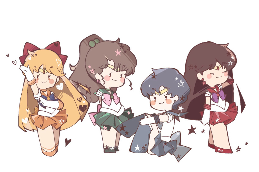 4girls aino_minako bishoujo_senshi_sailor_moon blue_hair blush_stickers bow brown_hair earrings gloves green_skirt highres jewelry kino_makoto magical_girl mizuno_ami multiple_girls orange_sailor_collar orange_skirt pink_bow purple_bow red_bow red_footwear red_sailor_collar sailor_collar sailor_mars short_hair simple_background skirt white_background white_gloves xirapha