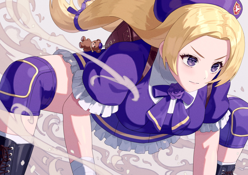 1girl backpack bag black_footwear blonde_hair boots breasts closed_mouth commentary cross-laced_footwear dress frills hair_ribbon highres knee_boots knee_pads kneehighs lace-up_boots long_hair low_twintails medium_breasts puffy_short_sleeves puffy_sleeves purple_dress purple_eyes purple_ribbon ribbon serious shijou_hinako short_sleeves smoke socks solo squatting stuffed_animal stuffed_toy teddy_bear the_king_of_fighters twintails white_socks yagi2013
