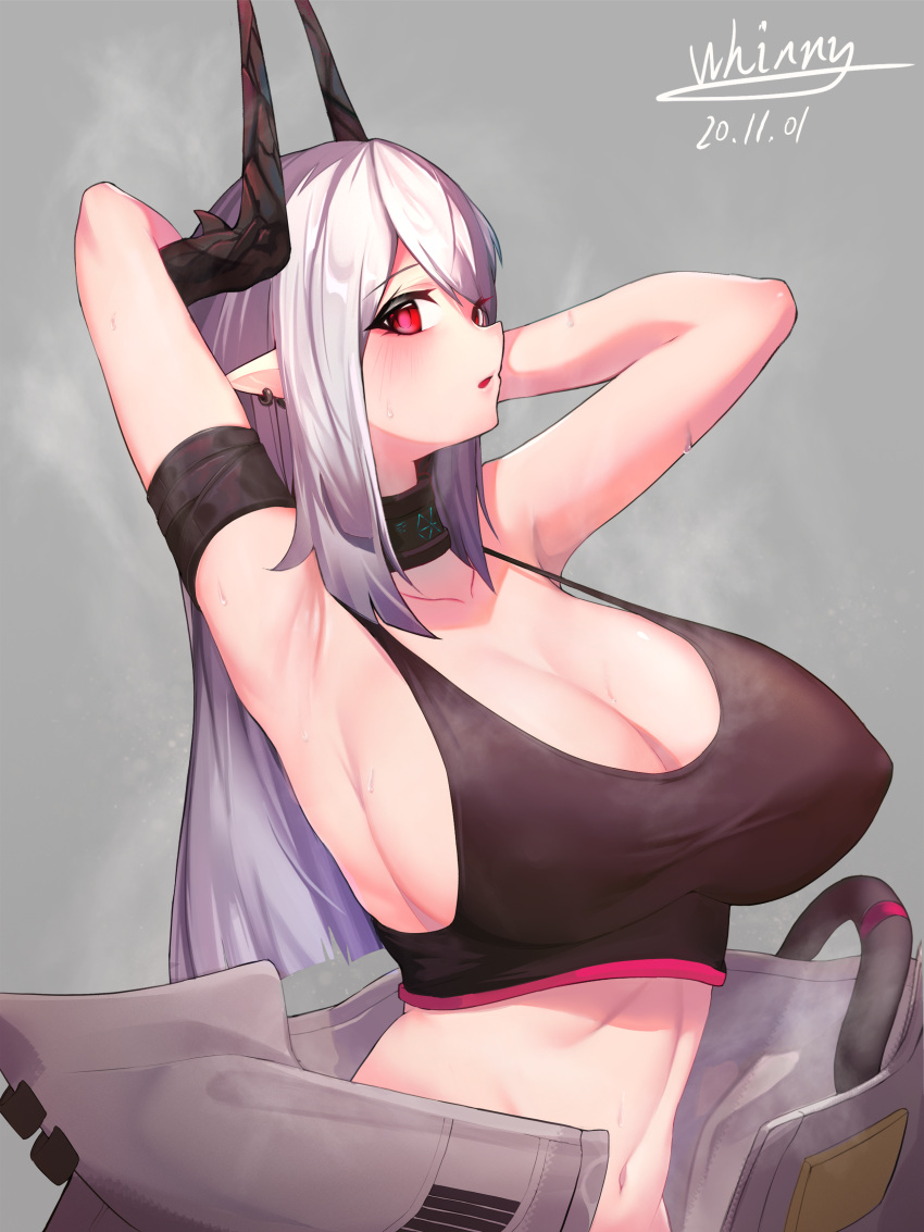 1girl absurdres arknights armpits arms_behind_head arms_up artist_name bare_shoulders black_choker blush breasts choker demon_horns ear_piercing grey_background grey_hair highres horns huge_breasts kkkweenie long_hair looking_at_viewer mudrock_(arknights) navel open_mouth piercing pointy_ears red_eyes signature simple_background sports_bra stomach upper_body very_long_hair