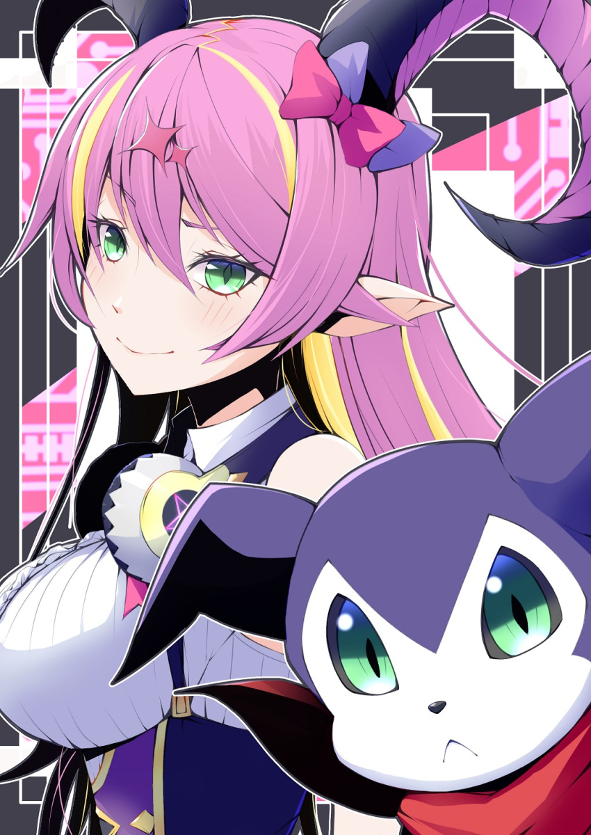 1girl 1other asymmetrical_horns blonde_hair demon demon_girl demon_horns digimon digimon_(creature) green_eyes headphones headphones_around_neck highres hololive horns imp impmon long_hair looking_at_viewer mano_aloe mitosupa_(qsiqydfz7nesh9w) multicolored_hair pink_hair pointy_ears scarf streaked_hair uneven_horns upper_body