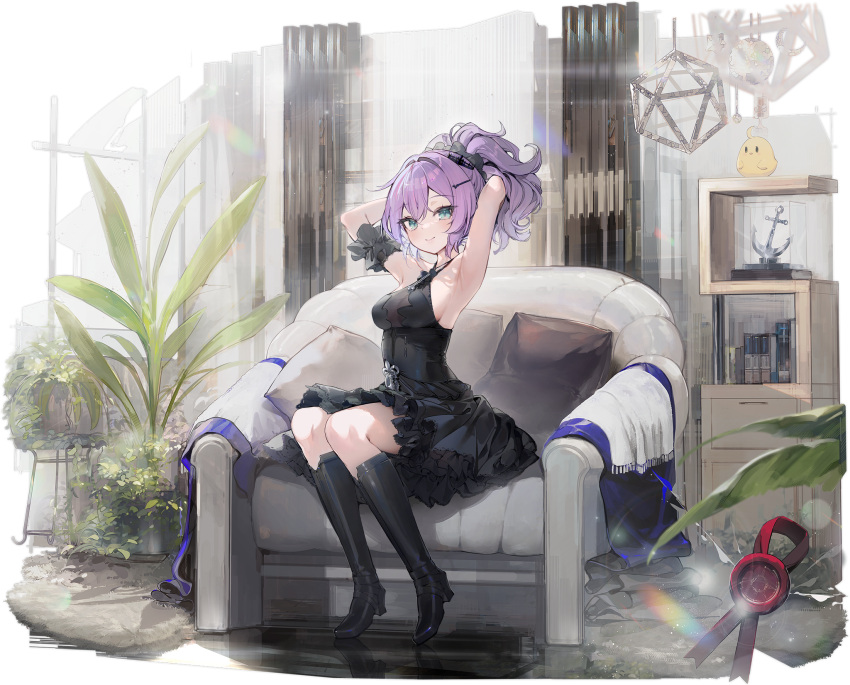 1girl armpits arms_up azur_lane bare_shoulders black_dress black_footwear blue_eyes boots breasts closed_mouth dress frilled_dress frills full_body hair_ornament highres javelin_(a_different_dance)_(azur_lane) javelin_(azur_lane) kaede_(yumesaki_kaede) knee_boots long_hair looking_at_viewer medium_breasts official_art pillow purple_hair sitting sleeveless smile solo