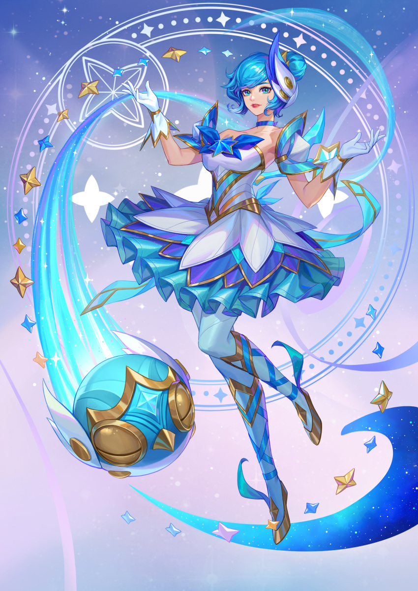 1girl absurdres alternate_costume artist_request ball ballet_slippers bare_shoulders blue_eyes blue_hair blue_ribbon brooch choker detached_sleeves gloves hair_bun hair_ornament highres jewelry league_of_legends leg_ribbon medium_hair official_alternate_costume official_art orianna_(league_of_legends) pantyhose pink_lips puffy_short_sleeves puffy_sleeves ribbon robot short_sleeves single_hair_bun skirt solo standing star_(symbol) star_brooch star_guardian_(league_of_legends) star_guardian_orianna star_guardian_pet tutu white_gloves white_pantyhose white_skirt yellow_footwear