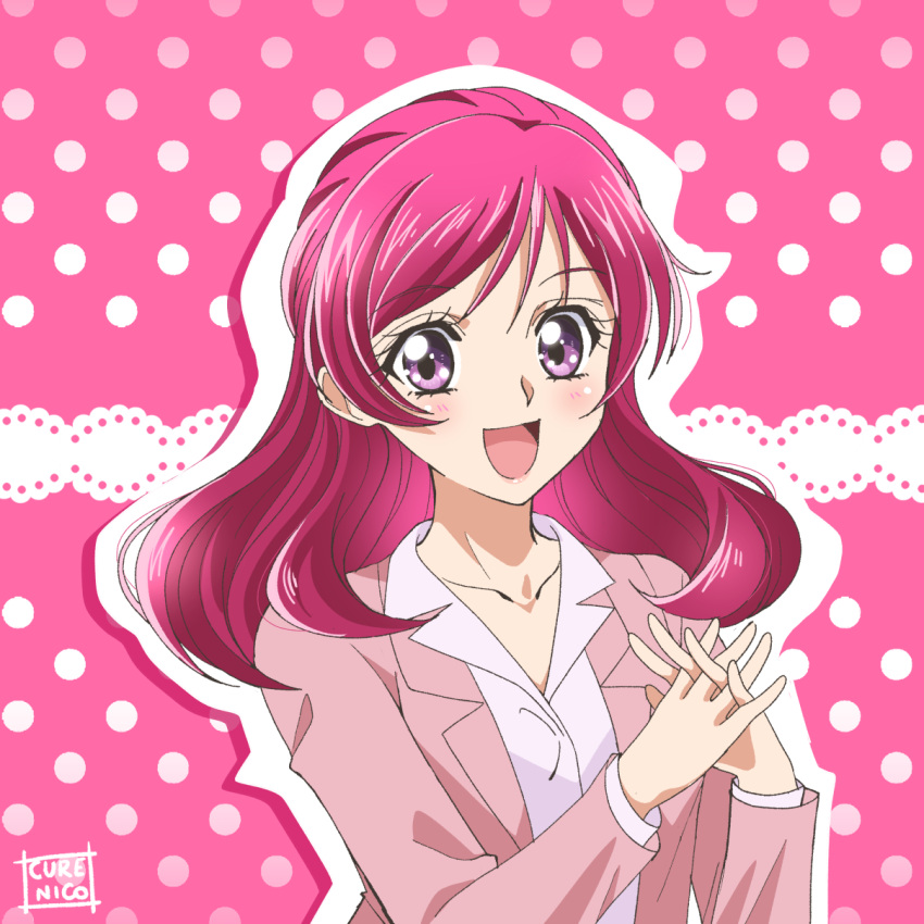 1girl :d artist_name blazer commentary cure_nico dress_shirt highres interlocked_fingers jacket kibou_no_chikara_~otona_precure_'23~ long_sleeves looking_at_viewer medium_hair open_mouth outline own_hands_together pink_background pink_jacket polka_dot polka_dot_background precure purple_eyes shirt smile solo upper_body white_outline white_shirt yes!_precure_5 yumehara_nozomi