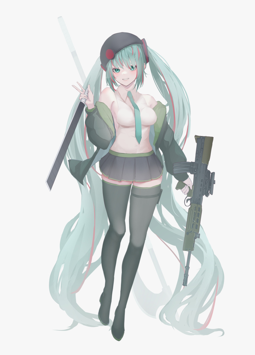 1girl absurdres aqua_eyes aqua_hair black_skirt breasts commission detached_sleeves full_body gun hat hatsune_miku highres holding holding_gun holding_sword holding_weapon long_hair looking_at_viewer medium_breasts multicolored_hair necktie pixiv_commission red_hair rifle skirt solo sweater sword tachibana_shiori_(suica_112) twintails two-tone_hair very_long_hair vocaloid weapon