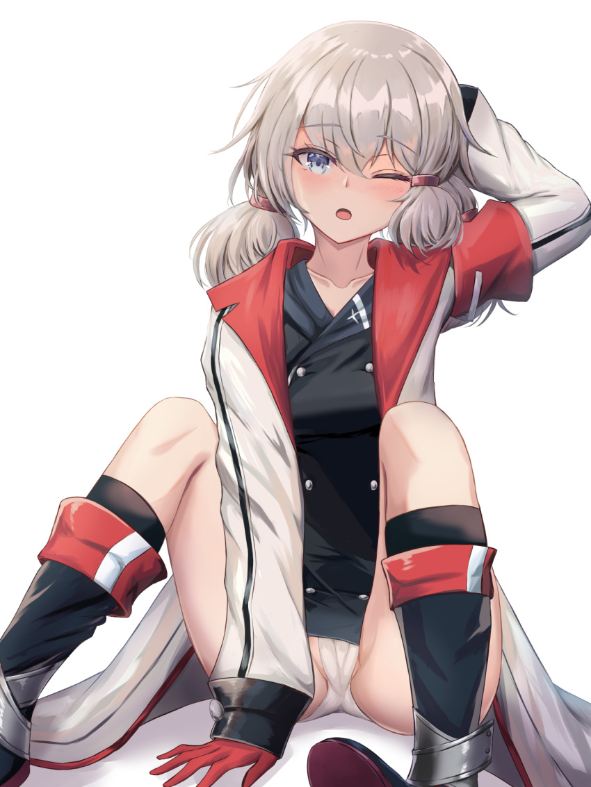 1girl arm_behind_head arm_up azur_lane between_legs black_dress black_footwear blue_eyes blush boots breasts commentary_request commission denver_(azur_lane) dress gloves grey_hair habu_rin hair_between_eyes hand_between_legs highres jacket knees_up long_hair long_sleeves low_twintails medium_breasts one_eye_closed open_clothes open_jacket open_mouth panties red_gloves simple_background sitting skeb_commission sleeves_past_wrists solo twintails underwear white_background white_jacket white_panties