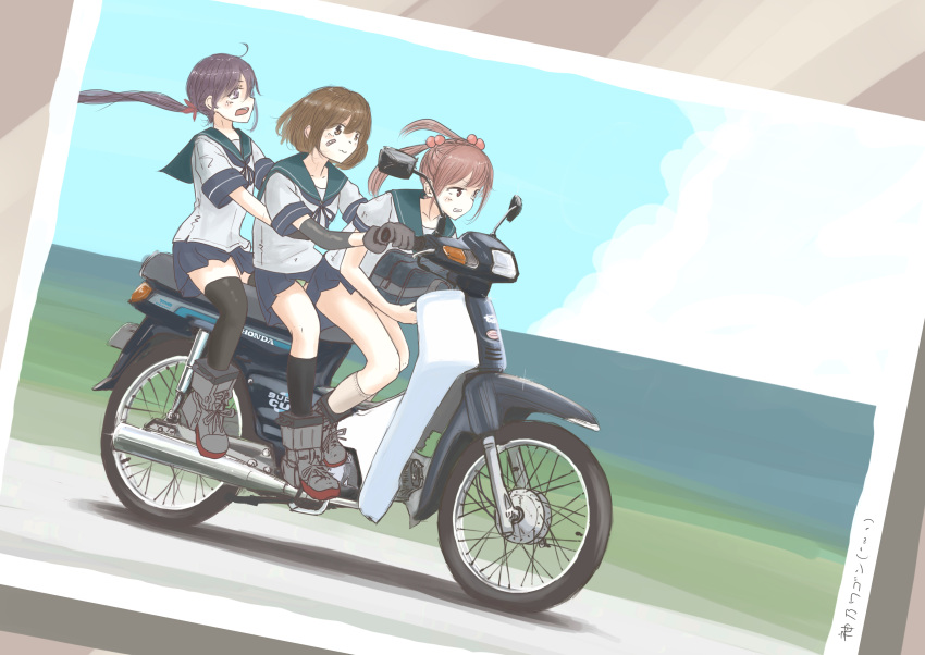 3girls absurdres akebono_(kancolle) bandaid bandaid_on_face bell blue_sailor_collar blue_skirt brown_eyes brown_hair commentary_request flower hair_bell hair_bobbles hair_flower hair_ornament highres honda honda_super_cub jingle_bell kanno_wagon kantai_collection kneehighs long_hair motor_vehicle motorcycle multiple_girls oboro_(kancolle) on_motorcycle photo_(object) pink_eyes pink_hair pleated_skirt purple_eyes purple_hair sailor_collar sazanami_(kancolle) school_uniform serafuku short_hair short_sleeves side_ponytail skirt socks twintails very_long_hair